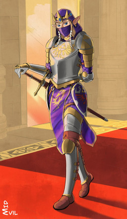 armor blonde_hair blue_eyes boots brown_boots brown_clothing brown_footwear clothed clothing crown ear_piercing ear_ring eyelashes female footwear front_view gloves hair handwear headgear humanoid_pointy_ears knight_armor looking_at_viewer mask melee_weapon mouth_mask not_furry piercing pointy_ears purple_clothing purple_hood ring_piercing shoes solo sword tabard tan_body tan_skin thick_thighs weapon white_clothing white_gloves white_handwear wide_hips midevil nintendo the_legend_of_zelda princess_zelda humanoid hylian hi_res