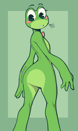 anthro biped butt eyelashes female green_body monobutt multicolored_body rear_view red_cheeks solo two_tone_body conditional_dnp welwraith glitch_productions the_amazing_digital_circus ribbit_(tadc) amphibian frog 2026 digital_drawing_(artwork) digital_media_(artwork) green_theme hi_res female_(lore)
