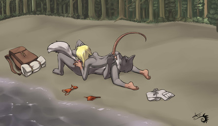 69_position age_difference anal anthro backpack barefoot beach bikini blonde_hair bottomwear clothing detailed_background duo feet fellatio female forest fur grey_body grey_fur hair interspecies knapsack male male/female nude oral outside penile plant predator/prey rimming sand seaside sex sex_on_the_beach shorts swimwear tight_clothing tree two-piece_swimsuit underwear water young young_anthro aogami sierra_(shinymelanie) canid canine canis mammal mouse murid murine rodent wolf 2013 hi_res