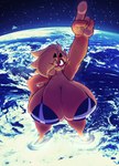 4_fingers anthro big_breasts bikini blonde_hair breasts clothing earth female fingers gesture hair hand_gesture huge_breasts macro planet pointing solo swimwear two-piece_swimsuit ufo colacoot cola_bandicoot bandicoot mammal marsupial 2023 hi_res