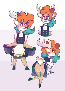 all_fours ambiguous_gender anthro antlers apron apron_bow black_nose bottomwear butt clothed clothing clothing_lift countershade_tail countershading ear_piercing eye_through_hair eyebrow_through_hair eyebrows facial_piercing fur hair hooves horn looking_aside looking_at_viewer looking_back looking_back_at_viewer maid_uniform markings multicolored_hair multicolored_outline multiple_angles nose_piercing orange_hair outline piercing presenting presenting_hindquarters purple_eyes simple_background skirt skirt_lift solo spots spotted_body spotted_fur standing tail tan_body tan_fur teal_hair translucent translucent_hair two_tone_hair uniform white_background white_body white_fur ida_deerz deer mammal aliasing cel_shading digital_media_(artwork) halftone hi_res shaded signature watermark