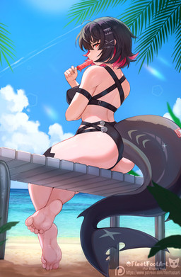 5_fingers 5_toes beach breasts butt clothed clothed_female clothed_humanoid clothing cloud day feet female fingers grey_hair grey_tail hair looking_at_viewer looking_back looking_back_at_viewer outside rear_view red_eyes sand sea side_boob sitting sky solo tail toes water fleet-foot mihoyo zenless_zone_zero ellen_joe animal_humanoid fish fish_humanoid humanoid marine marine_humanoid shark_humanoid 2025 digital_drawing_(artwork) digital_media_(artwork) hi_res