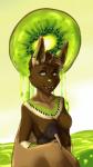 ambiguous_gender anthro breasts duo featureless_breasts female feral food fruit kiwifruit looking_at_viewer plant smile mishabahl avian bat bird food_creature kiwi_(bird) mammal ratite hi_res