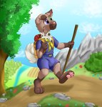 ageplay anthro anthrofied backpack clean_diaper clothed clothing diaper diaper_under_clothing hiking infantilism landscape male pokemorph roleplay scout scout_uniform solo wearing_diaper young young_anthro wittleskaj nintendo pokemon generation_7_pokemon pokemon_(species) rockruff hi_res