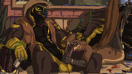 abs alcohol anthro balls beak beak_fetish beak_play beak_sex beakjob beer beverage clothed clothing digitigrade duo feet fellatio female furniture genitals hand_on_head hat headgear headwear lying male male/female mask nude on_front oral partially_clothed penile penis sex sofa talons toes topwear vest aquila_chrysaetos aquila_fiacra lizanne accipitrid accipitriform avian bird eagle golden_eagle lyrebird oscine passerine superb_lyrebird true_eagle 16:9 hi_res widescreen