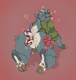 all_fours anal anal_fluids_on_food anal_penetration anthro backsack ball_gag balls bodily_fluids bow_ribbon butt candy candy_cane candy_cane_in_ass clothing dessert fluids_on_ground food gag genital_fluids genitals hoof_hands hooves horn male object_in_ass penetration penis raised_tail simple_background solo sweater tail topwear kinksiyo thesphur_(thesphur) bovid caprine goat mammal hi_res