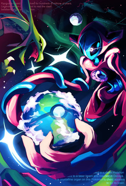 duo earth_(planet) green_body planet red_body space star text yellow_eyes playcenter nintendo pokemon deoxys generation_3_pokemon legendary_pokemon pokemon_(species) rayquaza 2025 hi_res