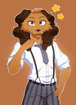 accessory anthro brown_body brown_fur clothing fur long_ears male neck_tuft necktie orange_body orange_fur outline school_uniform solo star tuft uniform hugo_yaps beastars canid canine canis domestic_dog mammal absurd_res hi_res