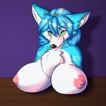 anthro areola big_breasts blue_body blue_fur blue_hair breasts chest_tuft female fur hair huge_breasts nipples nude pink_areola pink_nipples puffy_areola simple_background solo tuft wisty nintendo star_fox krystal_(star_fox) canid canine fox mammal 1:1 2022 absurd_res hi_res