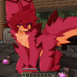 4_fingers all_fours anthro arm_fin arm_markings arm_tuft bedroom_eyes big_tail blue_pupils blush blush_lines bodily_fluids chest_tuft dorsal_fin drooling elbow_tuft eye_through_hair eyebrow_through_hair eyebrows facial_tuft fin fingers fluffy fluffy_tail fur fur_markings gameplay_mechanics gills glistening glistening_body hair leg_markings looking_at_viewer male markings narrowed_eyes open_mouth orange_body orange_eyes orange_fur orange_tongue pointy_ears pupils purple_eyes red_body red_eyes red_fur red_hair saliva seductive shark_tail shoulder_tuft solo spiral spiral_eyes striped_ears swirl_eyes tail tail_fin tail_markings tail_tuft teeth tongue translucent translucent_hair tuft yellow_sclera gaogomon microsoft minecraft mojang xbox_game_studios gaogomon_(oc) aquatic fish furred_kobold furred_scalie furred_shark kobold scalie shark 1:1 absurd_res hi_res