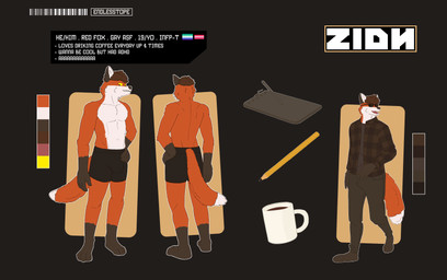 anthro big_bulge boxers_(clothing) bulge clothing flannel_shirt fur male orange_body orange_fur solo standing text underwear endlesstope zidan_(endlestope) canid canine fox mammal absurd_res english_text hi_res model_sheet