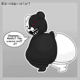 ambiguous_gender anthro big_butt biped black_body black_eyes butt dialogue grey_background huge_butt looking_at_viewer looking_back looking_back_at_viewer multicolored_body nude presenting presenting_hindquarters red_eyes sharp_teeth shortstack simple_background solo speech_bubble split_color talking_to_viewer teeth text thick_thighs two_tone_body white_body axoarts danganronpa spike_chunsoft monokuma bear mammal 1:1 2022 digital_media_(artwork) english_text