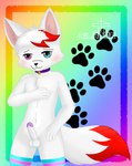 anthro balls blue_eyes blush collar erection fur genitals male navel nude penis pink_eyes rainbow_background red_body red_fur simple_background smile solo standing white_body white_fur silavos boy_kisser_(meme) silly_cat_(mauzymice) domestic_cat felid feline felis mammal hi_res meme watermark