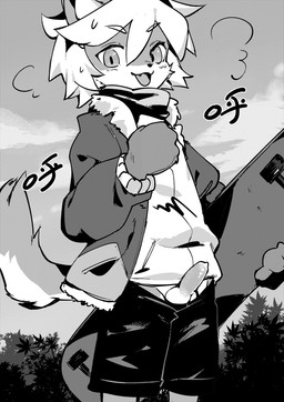 adolescent anthro balls bottomwear breath clothed clothing cute_fangs erection fangs fur fur_trim_(clothing) genitals jacket kemono looking_at_viewer male open_bottomwear open_clothing open_pants outside pants penis public public_exposure pupils shorts skateboard slit_pupils solo teeth topwear vehicle young young_anthro young_male dr.kiyo canid canine fox mammal 2019 black_and_white hi_res monochrome