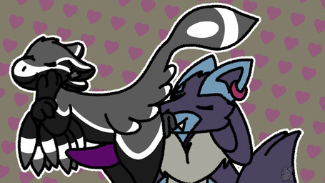 anal anthro black_body black_feathers blue_body blue_fur butt_lick cute_fangs duo ear_piercing ear_ring eyes_closed fangs feather_markings feathers fur fur_markings grey_body grey_feathers hand_on_cheek happy happy_sex heart_symbol licking male male/male markings multi_ear neck_tuft oral piercing purple_body purple_fur rimming ring_piercing semi-anthro sex simple_background smile standing standing_sex teeth tongue tuft stinkvali nintendo pokemon hiroshi_(stinkvali) leon_(stinkvali) avali generation_4_pokemon lucario pokemon_(species) 16:9 widescreen