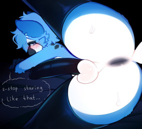 anthro anus balls beak black_background blush clothing ear_piercing ear_ring erection femboy fur genitals hair legwear lying male mostly_nude penis piercing raised_leg ring_piercing simple_background solo speech_bubble tail thick_thighs thigh_highs katsucoffee mythology avian gryphon mythological_avian mythological_creature 2025