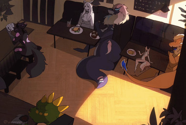 accidental_vore anal anal_vore anthro anthro_pred anthro_prey belly butt casual_vore fur genitals horn nude restaurant smile tail vore vivvanne capcom monster_hunter mythology creed_(discreet_cursiv) fleur_(discreet_cursiv) izzy_(discreet_cursiv) nivera nugget_(nugget115) bird_wyvern canid canine canis dragon furred_dragon furred_scalie hybrid jaggi mammal mouse murid murine mythological_creature mythological_scalie rodent scalie wolf animated