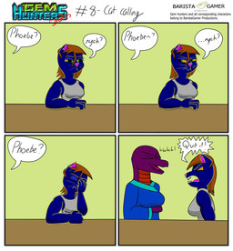 angry annoyed anthro clothing deaf dialogue duo facepalm female laugh leaning_on_table shirt tank_top topwear baristagamerproductions ada_(gem_hunters) phoebe_(gem_hunters) felid feline mammal reptile scalie snake absurd_res comic hi_res