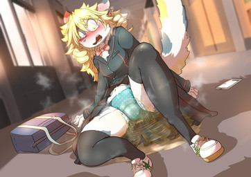 accident angry anthro blonde_hair blush bodily_fluids cellphone clothed clothing desperation drill_curls electronics embarrassed female fur genital_fluids hair looking_at_viewer menstrual_pad multicolored_body multicolored_fur omorashi open_mouth peeing peeing_on_self phone school school_bag school_girls school_uniform smartphone underwear uniform urine urine_on_self urine_pool wetting mttbsmn rittine_(mttbsmn) felid feline mammal absurd_res digital_media_(artwork) hi_res