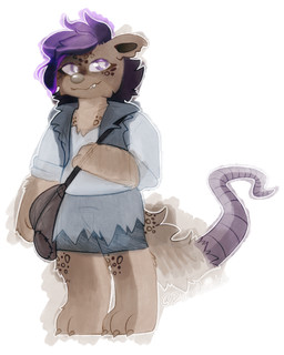 ambiguous_gender anthro bag bag_over_shoulder barefoot belly blue_clothing bottomwear brown_body brown_fur claws clothed clothing crooked_tail eyelashes feet fingers fur hair looking_at_viewer markings messy_hair overweight patch_(fabric) patched_clothing paws purple_body purple_eyelids purple_eyes purple_hair purple_skin rolled_up_sleeves round_nose shorts skirt smile solo spots spotted_body spotted_fur tail teeth text topwear torn_clothing vest demon_ascended jessie_slickman_(demon_ascended) american_opossum hybrid hyena mammal marsupial spotted_hyena 4:5 colored digital_drawing_(artwork) digital_media_(artwork) digital_painting_(artwork) digital_watercolor_(artwork) english_text guide_lines hi_res painting_(artwork) shaded signature sketch watercolor_(artwork) female_(lore) nonbinary_(lore)