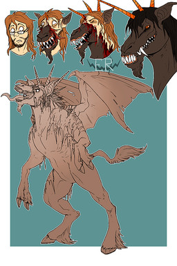 anthro beard black_hair blood blue_background bodily_fluids border brown_body brown_fur brown_hair empty_eyes eyes_closed eyewear facial_hair featureless_crotch fur glasses hair hooves horn human_to_anthro male membrane_(anatomy) membranous_wings open_mouth orange_horn rectangular_glasses sharp_teeth simple_background solo species_transformation tail tail_tuft teeth tongue tongue_out transformation tuft unguligrade white_border wings swampjaws human mammal