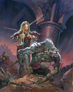 anthro armor blonde_hair bone breasts chainmail claws clothing column crouching duo female fur gloves hair handwear holding_melee_weapon holding_object holding_sword holding_weapon inside male melee_weapon muscular muscular_male pauldron scabbard sharp_teeth skull skull_pile sword teeth weapon jesper_ejsing dragon_magazine dungeons_and_dragons hasbro wizards_of_the_coast canid human mammal 2010 absurd_res cover hi_res magazine_cover official_art