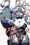 5_fingers anthro big_breasts big_butt bow_tie breasts butt cheek_tuft claws clothing eyes_closed facial_tuft female fingers fishnet_clothing fishnet_legwear footwear fur gesture grey_body grey_fur hair hand_gesture hand_on_butt high_heels kemono legwear leotard long_hair open_mouth pawpads ponytail rear_view shoes simple_background smile solo teeth text thigh_highs tongue tuft v_sign white_body white_fur white_hair ookamiwaho okami_bark canid canine canis mammal wolf 2:3 digital_media_(artwork) hi_res japanese_text