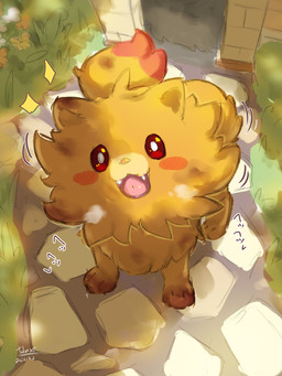 ambiguous_gender blush blush_lines blush_stickers fangs feral flower fur grass looking_at_viewer motion_lines open_mouth orange_body orange_fur paws plant red_eyes solo teeth tongue tuft tubasa nintendo pokemon pokemon_winds_and_waves canid canine generation_10_pokemon mammal pokemon_(species) pombon 2026 absurd_res dated hi_res signature