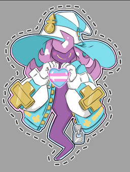 androgyne_symbol blush clothing cosplay crossover_cosplay female gender_symbol gesture gloves grey_background hair handwear hat headgear headwear heart_gesture heart_symbol jacket legless lgbt_pride lips long_hair not_furry pink_hair pride_colors purple_body purple_skin simple_background smile solo symbol topwear transgender_pride_colors witch_hat yellow_lips inkwitch arc_system_works guilty_gear guilty_gear_strive mario_bros nintendo paper_mario paper_mario:_the_thousand_year_door bridget_(guilty_gear) vivian_(mario) humanoid shadow_creature shadow_siren crossover trans_(lore) trans_woman_(lore)