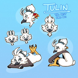ambiguous_anthro ambiguous_gender anthro avian_feet beak blue_eyes cheek_spots claws feather_hands feathers feet grey_beak hair hair_bun looking_at_viewer lying on_front sitting smile solo talons text toe_claws toes white_body trevor-fox nintendo the_legend_of_zelda tulin_(tloz) avian rito 1:1 hi_res male_(lore)
