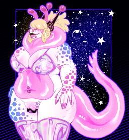 antennae_(anatomy) anthro big_breasts big_clitoris bikini bikini_top bikini_top_only bimbo_anthro blonde_hair bottomless breasts clitoris clothed clothing colored_nails cosmic_background facial_piercing female genitals glistening glistening_body hair horseshoe lip_piercing lipstick makeup markings multiple_piercings nails obscured_eyes overweight overweight_anthro overweight_female pattern_background piercing pink_body pink_lipstick pink_nails pink_piercing pink_tail pseudo_hair simple_background snakebite_piercing solo space space_background star swimwear tail tentacle_hair tentacles thick_tail thick_thighs topwear topwear_only two-piece_swimsuit vulva white_body latexslug alien aquatic aquatic_gastropod gastropod mollusk nudibranch sea_slug slug hi_res