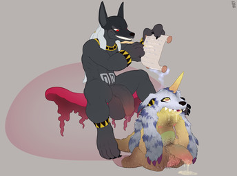 anthro balls big_balls big_penis bodily_fluids corruption dominant drooling duo foreskin genitals huge_balls huge_penis hyper hyper_genitalia hyper_penis male male/male musk nipples nude penis pubes saliva transformation mot bandai_namco digimon antinubismon canid canine digimon_(species) gabumon mammal digital_media_(artwork) hi_res