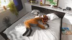 anthro areola bed biped black_body black_fur female fur furniture hair looking_at_viewer lying nipples orange_body orange_fur red_hair smile solo tail tail_grab white_body white_fur oini canid canine fox mammal 16:9 hi_res widescreen