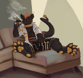 anthro black_body black_fur black_sclera bottomwear cigar clothed clothing collar ear_piercing ear_ring feet foot_focus fur furniture hair heel_pad holy_ring jewelry male markings mohawk open_clothing open_shirt open_topwear orange_eyes orange_hair orange_markings pawpads paws piercing ring_piercing shirt shorts sofa text topwear white_markings rdy zgf_art bandai_namco digimon cashel_(razim) fan_character digimon_(species) kudamon 2025 absurd_res english_text hi_res huge_filesize
