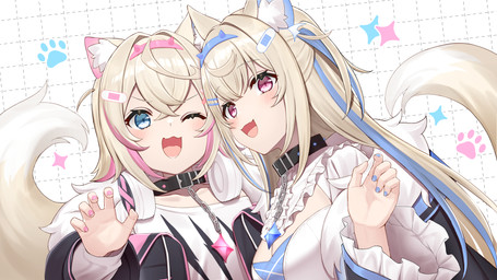 animal_ears band-aid bandage black_choker black_clothing black_coat black_jewelry black_necklace black_topwear blonde_hair blue_nails blush breasts choker claw_marks cleavage clothed clothing coat colored_nails cute_fangs electronics fake_horns fangs female fluffy_ears fur_coat hair hair_between_eyes headgear headphones headset highlights_(coloring) jewelry medium_breasts nails necklace one_eye_closed open_mouth pawpads pink_eyes pink_nails shirt sparkles tail teeth topwear white_clothing white_shirt white_topwear shikinagi hololive hololive_en vtuber fuwawa_abyssgard mococo_abyssgard animal_humanoid canid canid_humanoid canine canine_humanoid dog_humanoid humanoid mammal mammal_humanoid 16:9 hi_res widescreen