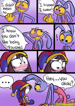 4_fingers anthro apology blush dialogue duo ellipsis exclamation_point female fingers flustered kneeling male scribble_eyes sitting sitting_on_ground speech_bubble spiral spiral_eyes text worried ddfreakyart glitch_productions the_amazing_digital_circus jax_(tadc) pomni_(tadc) humanoid lagomorph leporid mammal rabbit comic english_text hi_res