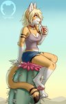 anthro arm_tuft barefoot bell bell_collar beverage blonde_hair blue_eyes bottomwear breasts cactus cleavage clothed clothing collar denim denim_bottomwear denim_clothing denim_shorts drinking drinking_straw ear_piercing ear_ring elbow_tuft feet female hair inner_ear_fluff paws piercing plant ring_piercing shirt shorts smile solo tank_top topwear tuft tigerinspace dunkin'_donuts domestic_cat felid feline felis mammal 2020 hi_res