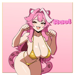 big_breasts bikini biped blush breasts cleavage clothed clothing eyelashes female hair open_mouth pink_hair pupils simple_background smile solo swimwear two-piece_swimsuit yellow_clothing iggy_bomb golden_week animal_humanoid felid felid_humanoid humanoid mammal mammal_humanoid pantherine pantherine_humanoid 1:1 absurd_res hi_res