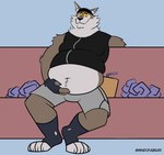 anthro belly big_belly furniture male navel overweight overweight_anthro overweight_male sitting sofa solo yellow_eyes mindof epic_games fortnite wendell_(fortnite) canid canine canis mammal wolf absurd_res hi_res