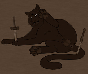 3_eyes animal_genitalia anus balls black_body black_fur dagger ear_piercing feral fur genitals looking_at_viewer lying male melee_weapon multi_eye one_leg_up pawpads paws piercing presenting presenting_balls raised_leg solo sword tail tail_aside teeth_showing weapon harpsichord_(artist) demon felid mammal pantherine tiger hi_res monochrome