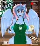 absurd_res amber_eyes anthro apron apron_only big_breasts blue_body blue_fur blue_hair bodily_fluids breasts camera_view clothed clothing container cup cutie_mark dialogue dual_holding english_text equid equine fan_character female fur genital_fluids green_apron green_clothing hair hasbro hi_res holding_container holding_cup holding_object holding_pen horn i_mean_breast_milk lactating mammal marker meme milk mostly_nude multicolored_hair my_little_pony mythological_creature mythological_equine mythology nipples pen pink_hair princess_sorraia_(oc) solo starbucks tatemil text two_tone_hair wide_hips winged_unicorn wings writing_utensil