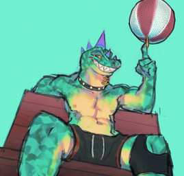 anthro ball basketball_(ball) bench black_bottomwear black_clothing black_shorts bottomwear clothed clothing collar facial_piercing green_body green_scales head_spikes looking_at_viewer male male_anthro multicolored_claws muscular muscular_anthro muscular_male neck_piercing nipples nose_piercing on_bench piercing purple_spikes roarball_(ball) scales shorts sitting sitting_on_bench smile smiling_at_viewer solo spikes spikes_(anatomy) studded_collar studs topless topless_anthro topless_male yellow_sclera sikaave goat_(movie) sony_corporation sony_pictures modo_olachenko komodo_dragon lizard monitor_lizard reptile scalie 2026 digital_media_(artwork) hi_res