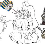 ankh anthro areola big_breasts bodily_fluids breasts clothing duo egyptian female kneeling legwear male male/female nipples saliva seiza sitting stockings translucent translucent_clothing smekbo canid canine canis jackal mammal