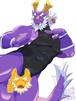 armor beard bracers clothing facial_hair fighting_pose fur horn leotard male one-piece_swimsuit pose purple_body purple_scales scales sharp_teeth solo swimwear tail teeth white_body white_fur yellow_horn bariumfox mythology shou_ronpo alien dragon mythological_creature mythological_scalie scalie hi_res