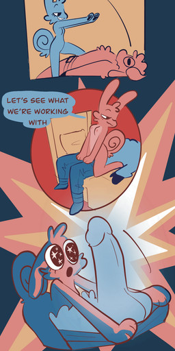 anthro balls big_balls big_penis dialogue duo female female_on_top fur genitals glowing glowing_genitalia humanoid_genitalia humanoid_penis male male/female nude nude_anthro nude_female on_top penis penis_awe pushing_down removed_clothing speech_bubble text wool_(fur) vanilla_candy unicorn_blood_(comic) saffron_(unicorn_blood) tulip_(unicorn_blood) bovid caprine lagomorph mammal sheep absurd_res comic english_text hi_res restricted_palette