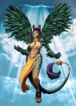 anthro armor bottomwear breasts clothing cloud facial_markings feathered_wings feathers female flying head_markings jewelry loincloth looking_at_viewer markings midair outside red_eyes simple_background sky skyscape solo tail tail_tuft tuft wings reddyeno5 unknown_species digital_media_(artwork) full-length_portrait hi_res portrait