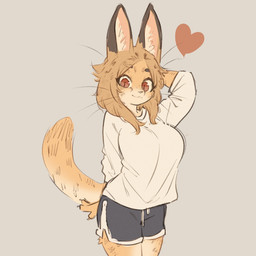 anthro big_breasts black_bottomwear black_clothing black_eyebrows black_shorts blonde_hair bottomwear breasts clothed clothed_anthro clothed_female clothing eyebrows female female_anthro fur hair heart_symbol hotpants long_sleeve_shirt looking_at_viewer multicolored_body multicolored_fur raised_arm red_eyes shirt short_snout shorts simple_background smile solo standing topwear two_tone_body two_tone_fur whiskers white_background white_body white_clothing white_fur white_shirt white_topwear yellow_body yellow_fur tateoftot felid feline mammal serval 1:1 2024 hi_res