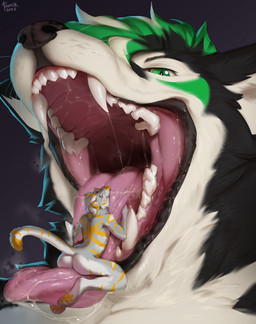 anthro bodily_fluids duo hug macro male mawplay micro mouth_shot open_mouth saliva tongue vore famir canid canine canis felid mammal pantherine tiger wolf absurd_res hi_res