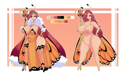 antennae_(anatomy) areola arm_warmers armwear big_breasts big_butt black_eyes black_markings border breasts butt cape clitoris clothing color_swatch crown danai_lexi_muerte_(nickzilla) female fingerless_gloves footwear genitals glistening gloves hair hand_on_hip handwear headgear high_heels huge_breasts insect_wings legwear lepidopteran_wings markings metal mole_(marking) mole_on_breast mole_on_thigh navel nude orange_background plump_labia queen red_cape red_clothing red_hair royalty scepter shimmering shoes simple_background solo sparkles stern_look thick_thighs thigh_highs vulva white_border white_fluffies white_markings wide_hips wings yukitiramisu animal_humanoid arthropod arthropod_humanoid butterfly humanoid insect insect_humanoid lepidopteran lepidopteran_humanoid monarch_butterfly absurd_res hi_res model_sheet