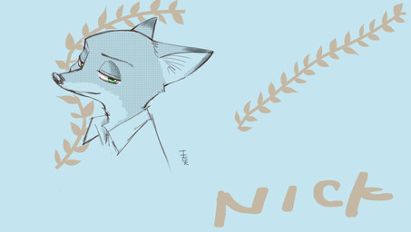anthro blue_background closed_smile clothed clothing countershading dipstick_ears ear_markings eyebrows fur glistening glistening_eyes green_eyes looking_at_viewer mouth_closed multicolored_ears narrowed_eyes shirt simple_background smile snout solo text thin_eyebrows topwear sou disney zootopia nick_wilde canid canine fox mammal artist_name bust_portrait japanese_text portrait signature